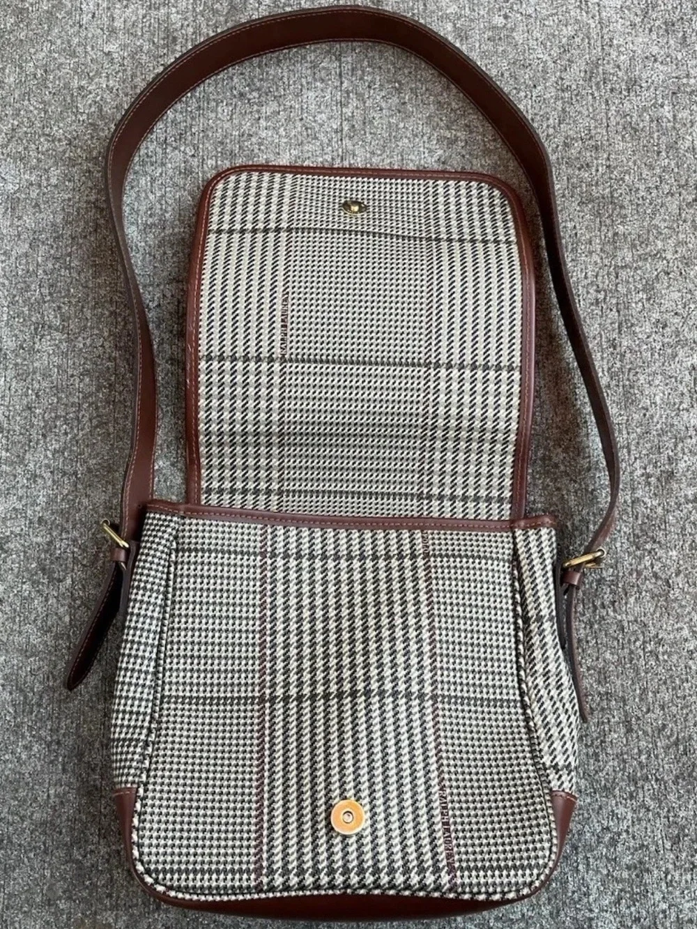 VTG 90s Ralph Lauren Houndstooth Tweed Leather Crossbody Bag Fall Dark Academia